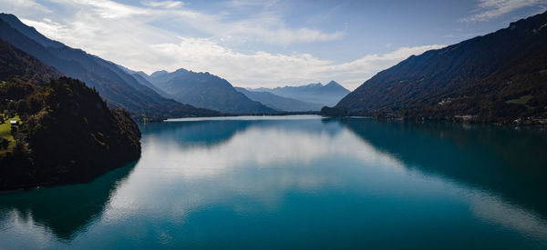 Scenic view of lake and mountains against sky