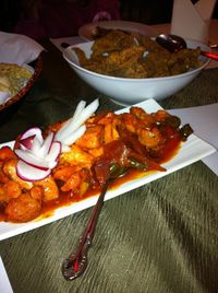 Close-up of served food on table