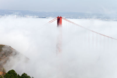Golden gate bridge amidst clouds during foggy weather