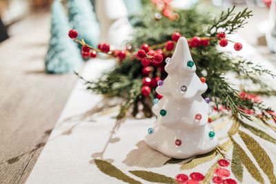 Close-up of christmas decorations on table