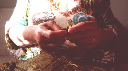 Midsection of woman holding leaf