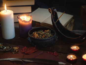 Close-up of illuminated candles on table