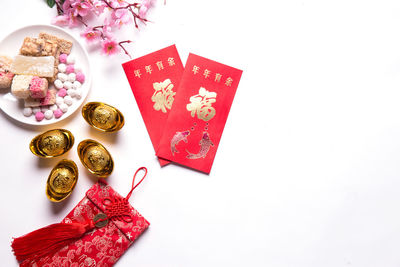 High angle view of pink flowers on table