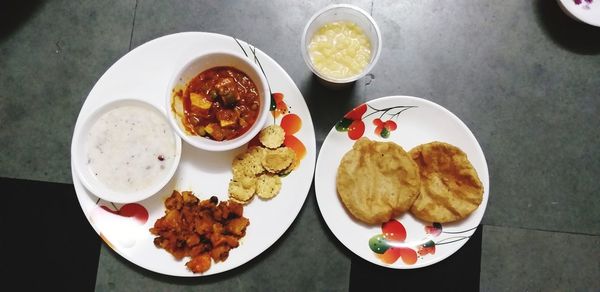 High angle view of food served on table