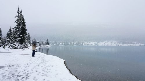 Person standing on lakeshore during winter