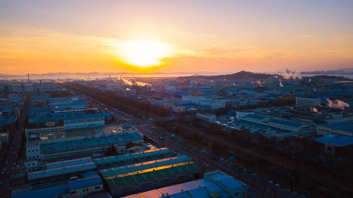 High angle view of cityscape against clear sky