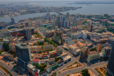 High angle view of city buildings