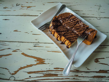 High angle view of dessert in plate on table