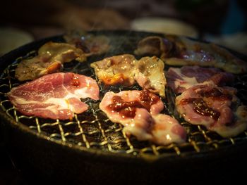 High angle view of meat in cooking pan