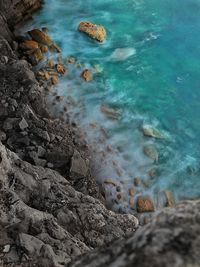 High angle view of rocks in water