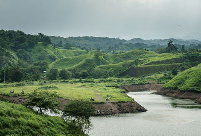 Scenic view of river by landscape against sky