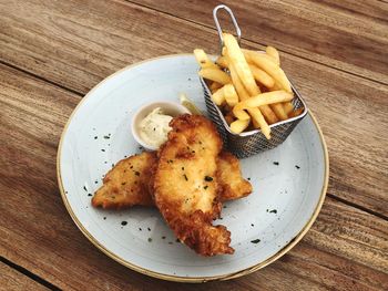 High angle view of food served on table