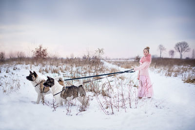 Dog standing on snow field against sky