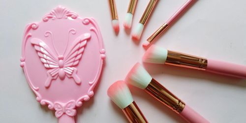 High angle view of beauty products on table