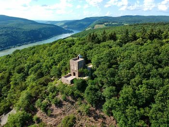 High angle view of trees on landscape against sky
