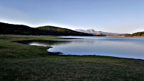 Scenic view of lake against clear sky