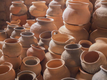 High angle view of clay pots