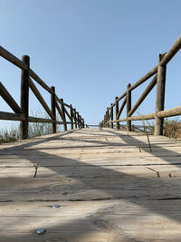 Surface level of footbridge against clear sky