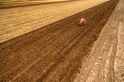 Combine harvester on field