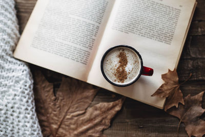 Morning routine. coffee with mil cocoa and cinnamon. reading a book in autumn.