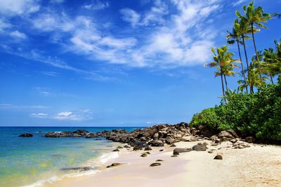 Scenic view of beach against blue sky