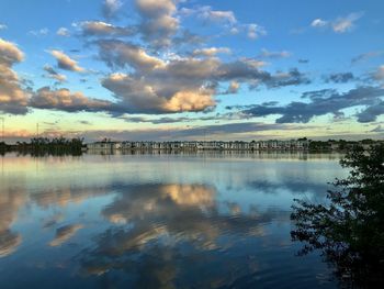 Scenic view of lake against sky at sunset