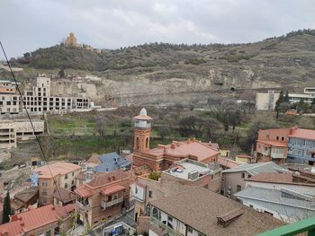 High angle shot of townscape against sky