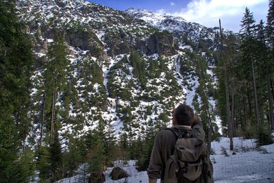 Man looking at snow covered mountains and trees