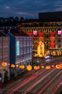 High angle view of illuminated city at night
