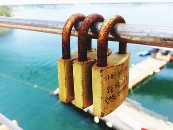 Close-up of padlocks hanging on bridge railing against sea