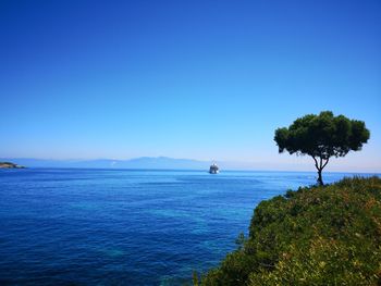 Scenic view of sea against clear blue sky