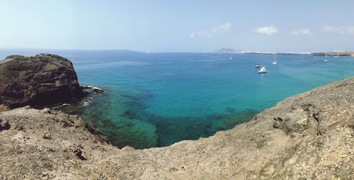 Scenic view of bay against sky