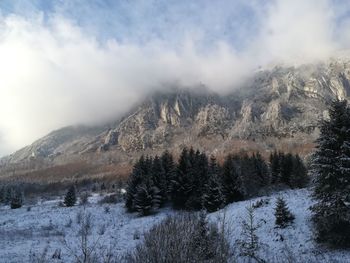 Scenic view of snow covered mountains against sky