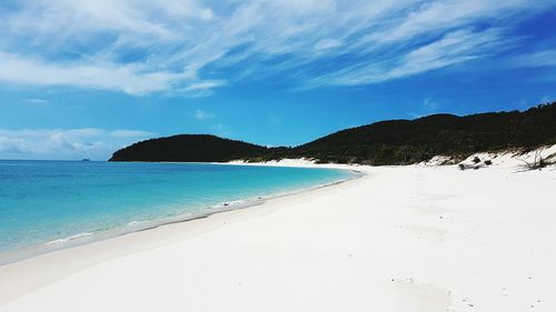 Scenic view of beach against blue sky