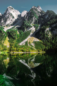 Scenic view of lake by mountains against sky