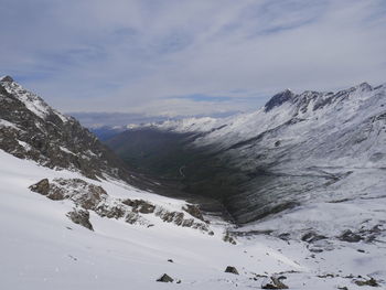 Scenic view of snow covered mountains against sky