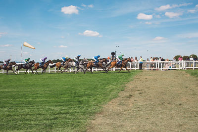 People relaxing on field against sky