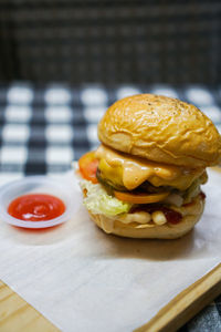 Close-up of burger on table