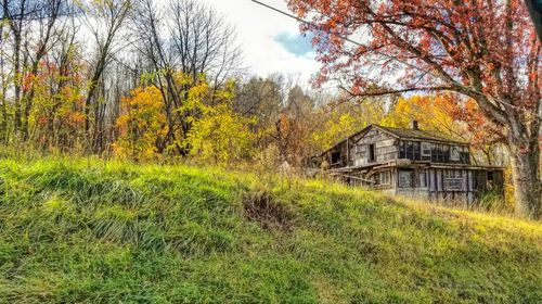 House on field against sky during autumn