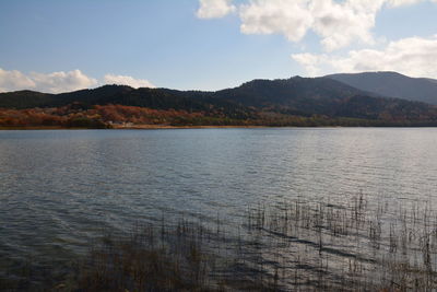 Scenic view of lake by mountains against sky