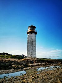 Low angle view of lighthouse amidst buildings against sky