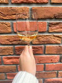 Close-up of hand holding drink against wall