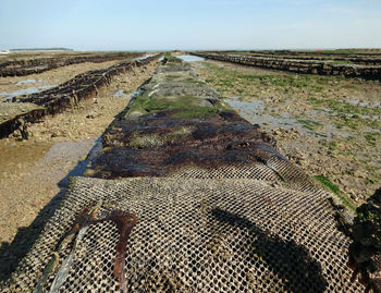 High angle view of field against sky