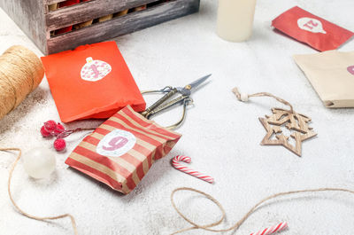 High angle view of christmas decorations on table