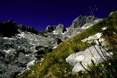 Scenic view of mountains against clear blue sky