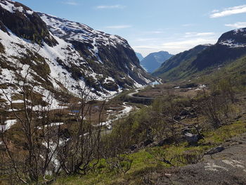 Scenic view of snowcapped mountains against sky