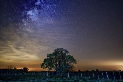 Scenic view of landscape against star field at night