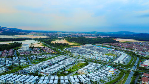 High angle view of cityscape against sky