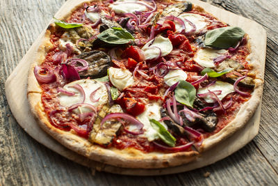 Close-up of pizza on table