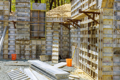 Stack of building against wall